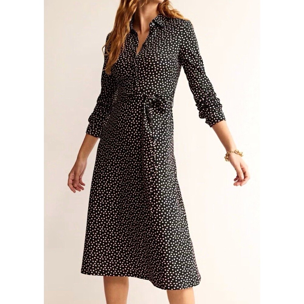 Boden Black beige polka Dot Maxi Shirt Dress Button Front Belted 20-22 plus